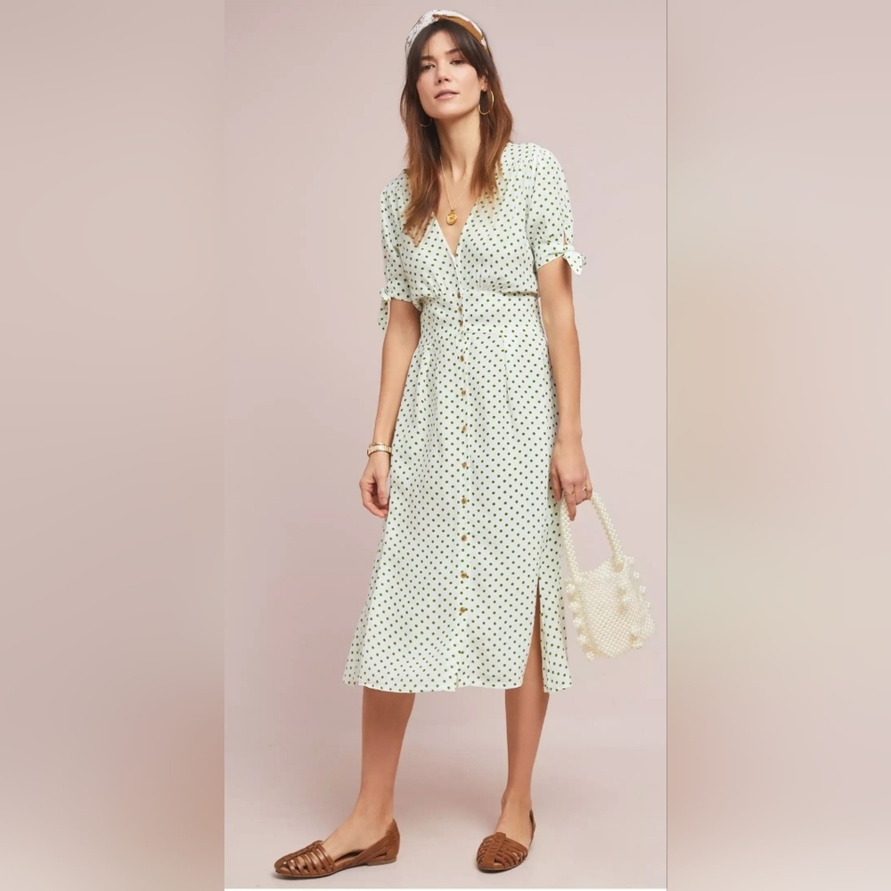 FAITHFUL THE BRAND LULA MIDI DRESS White Green Polka Dot Tied Sleeve Full Button